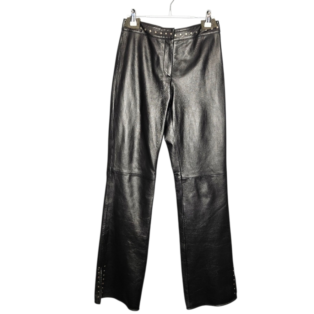 Cache Leather Pants Women Sz 4 Black Y2K Metal Stud Accents Vtg Wide Leg